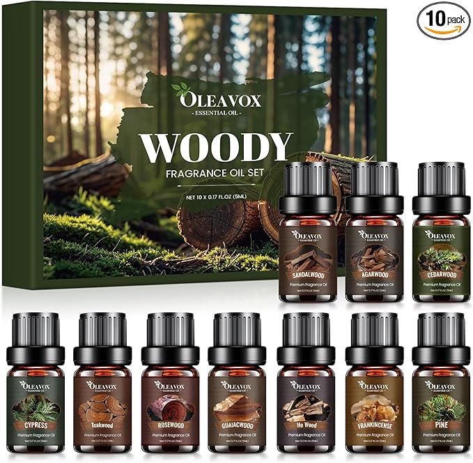 Woody Essential Oils Gift Set, 10x５ML Premium Wood Fragrance Oil　for Candle & Soap Making, Diffuser, Sandalwood, Teakwood, Forest Pine, Cedarwood, Cypress and Frankincense More Aromatherapy Oils - Bloomnest