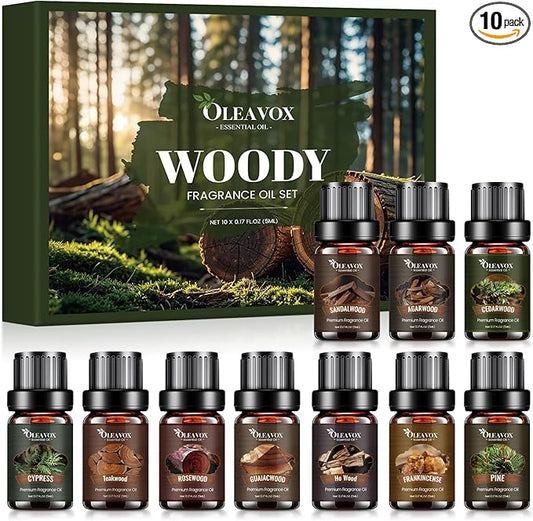 Woody Essential Oils Gift Set, 10x５ML Premium Wood Fragrance Oil　for Candle & Soap Making, Diffuser, Sandalwood, Teakwood, Forest Pine, Cedarwood, Cypress and Frankincense More Aromatherapy Oils - Bloomnest