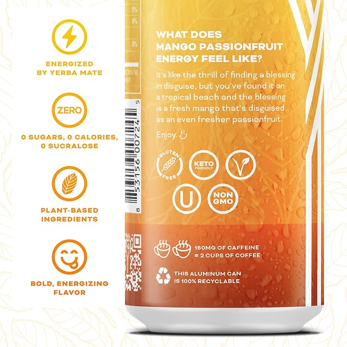 Yerbaé Mango Passion Fruit Functional Energy Drink - 0 Sugar, 0 Calories, 0 Carbs. Yerbae is Energized by Yerba Mate, Plant-Based, Healthy Alternative to Sugary Energy Beverages, 16oz cans (12 Pack) - Bloomnest