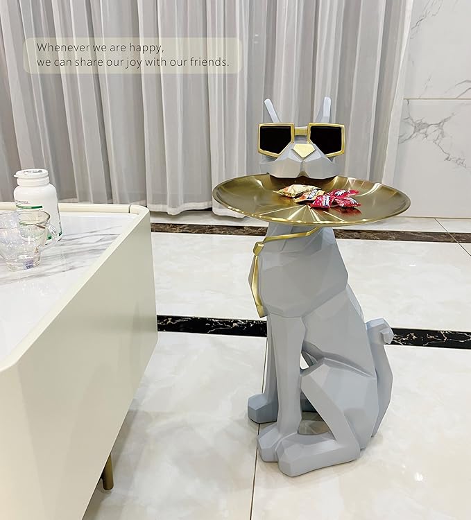 Beautiful and Elegant Decorative Pieces for Home, Dog Side Table with Tray and Storage，Dog 3D Sculpture Coffee Table Unique Home Decor(Gray) - Bloomnest