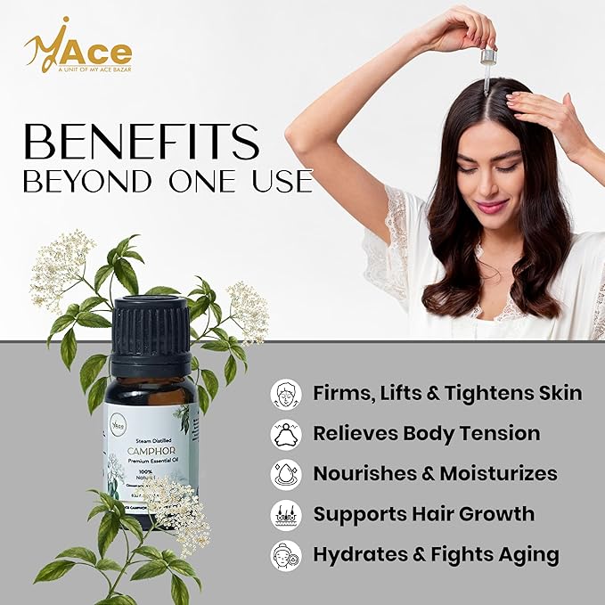My Ace Camphor Essential Oil 0.33 Fl Oz – 100% Natural, Steam Distilled Camphor Oil – for Diffuser, Aromatherapy, Skin & Hair Care – Highly Concentrated – Includes Dropper MyAce