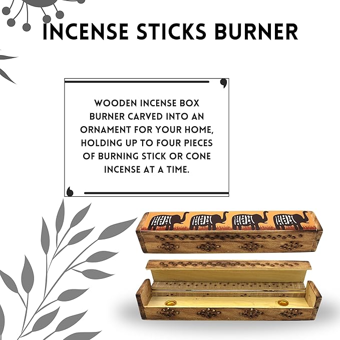 SOUL STICKS Handmade Carved Incense Burner | Wooden Coffin Box with Storage Includes | Wood Incense Stick Burner | Witchcraft Accessories for Meditation, Cleansing Negativity - Elephants - Bloomnest