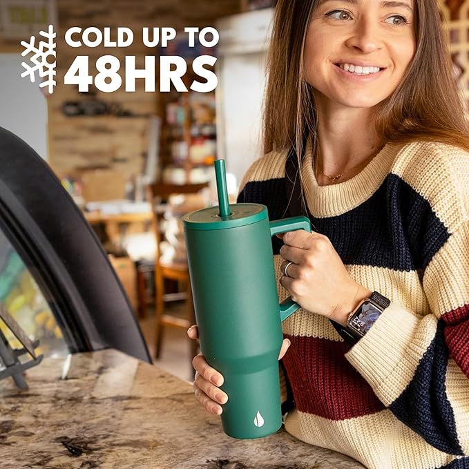 Elemental 40 oz Tumbler with Handle and Straw - Spill Proof Insulated Stainless Steel Commuter for Hot and Cold Beverages - Travel Coffee Mug with 2 Straws & Spill Proof Lid - 40oz - Forest Green - Bloomnest