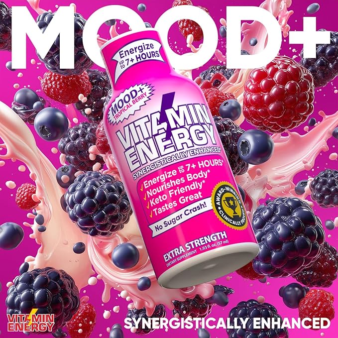 Vitamin Energy Mood+ Extra Strength Energy Shot Tropical Berry 4 Pack, 260mg Natural Caffeine, B-Vitamins, Rhodiola, Chamomile, Mood & Energy Support, Zero Sugar, Gluten-Free, Vegan, 1.93 fl oz - Bloomnest