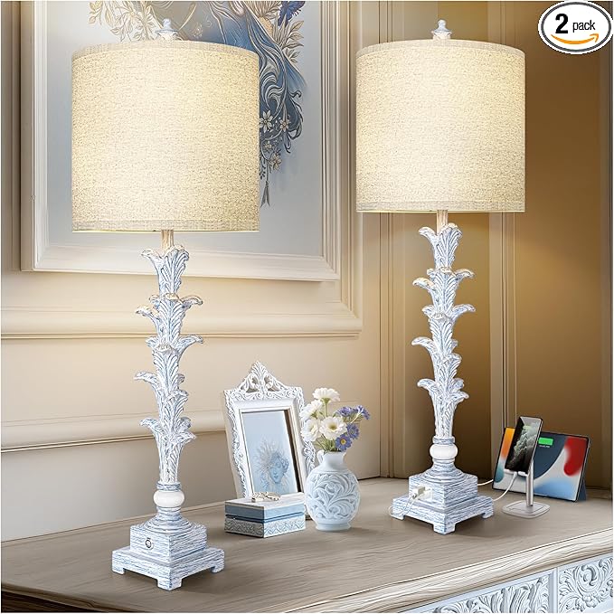 33'' Touch Table Lamp Set of 2 for Living Room , 3-Way Dimmable Buffet Lamps with USB Ports and White Shade, Vintage Farmhouse Bedside Nightstand Lamps for Bedroom Office Study Dinning (Bulb Included) - Bloomnest