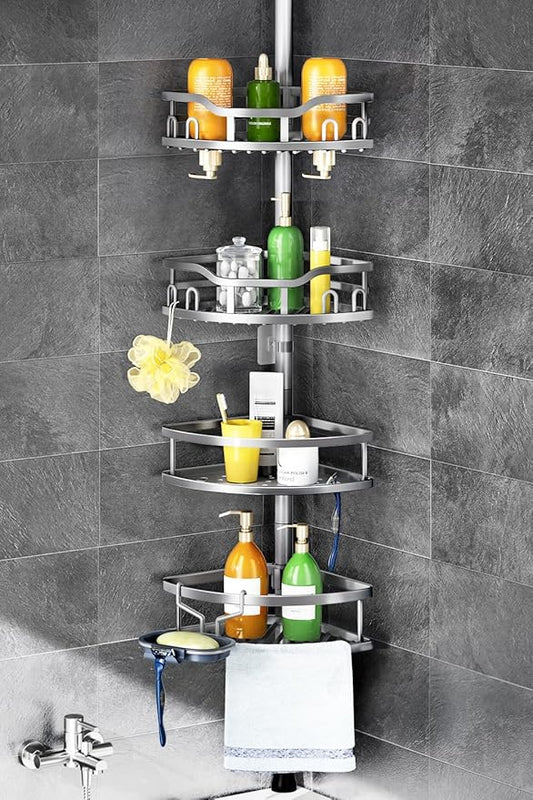 HAMITOR Corner Shower Caddy Tension Pole: Rustproof 4-Tier Bathroom Organizer Shelves for Bathtub Shampoo Storage - 47-121 Inch Quick Install Adjustable Rod Standing Rack with Soap Rack - Silver Gray | Rustproof, Quick Install, Adjustable Rod, Soap Rack - Bloomnest