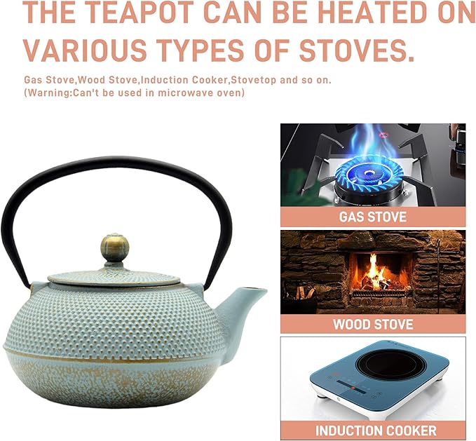 30.4oz Small Cast Iron Teapot, Tea Kettle for Stovetop Safe, Tea Pot with Stainless Steel Infuser for Loose Tea, Japanese Tetsubin Coated with Enameled Interior(900ml) - Bloomnest