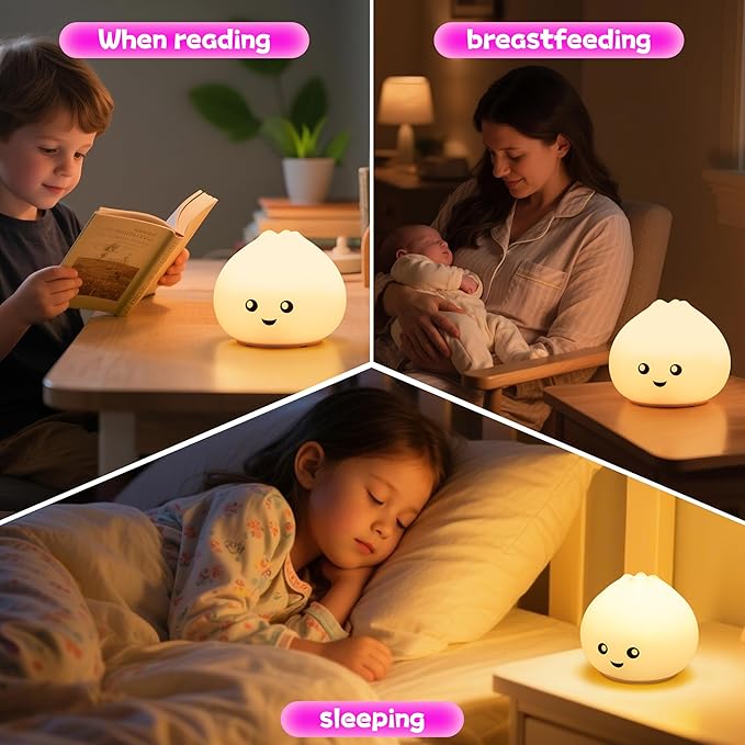 Night Light for Kids, Rechargeable Dimmable Silicone LED Nightlight with 7 Colors, Baby Nursery Night Lamp, Touch Squishy Lamp, Cute Gifts for Girls, Boys, Toddler Room Decor, Dumpling - Bloomnest