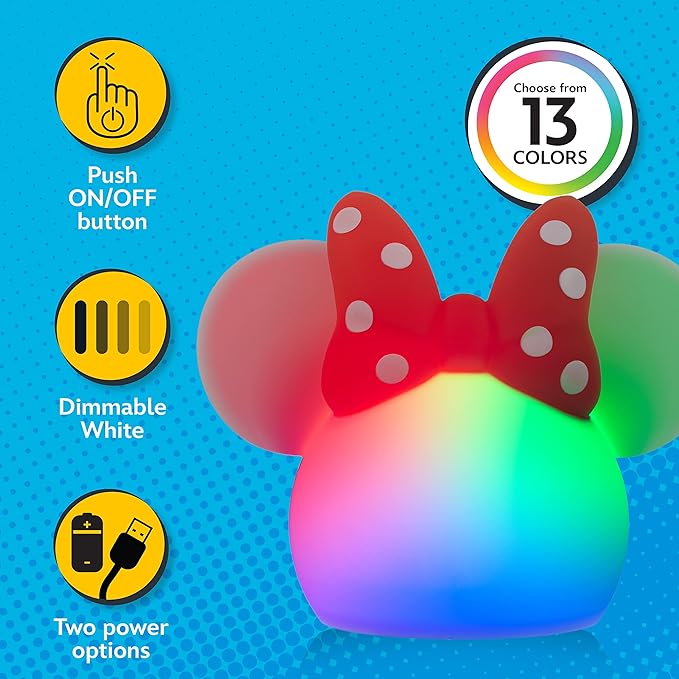 Disney Minnie Mouse Squishy Light, Color Changing, Night Light for Kids, USB Lamp, Battery Operated, Dimmable, Ideal for Bedroom, Playroom, Living Room, and More, 66945 - Bloomnest