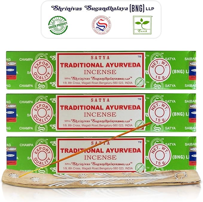 Satya Traditional Ayurveda Incense Sticks, Satya Bng (Bangalore) Insenses 15gmx3 Pack with Raajsee Incense Holder Bundle, Satya Nagchampa Natural Incense - Bloomnest