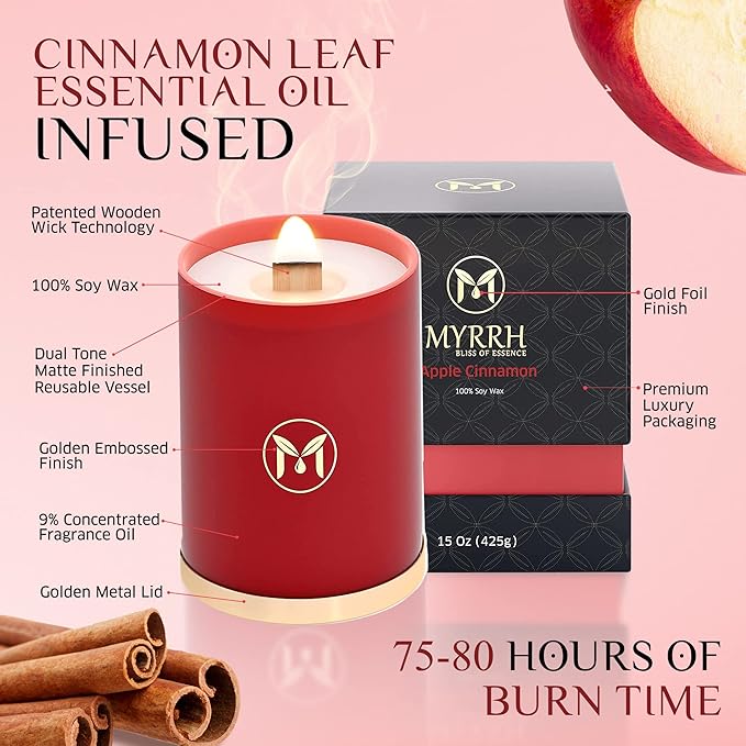 MyrrhUSA Apple Cinnamon Scented Candle – 15 oz Natural Soy Wax with Crackling Wooden Wick & Essential Oil | 80 Hour Burn | Luxury Aromatherapy Candle for Relaxation, Home Décor, Living Room & Bathroom - Bloomnest