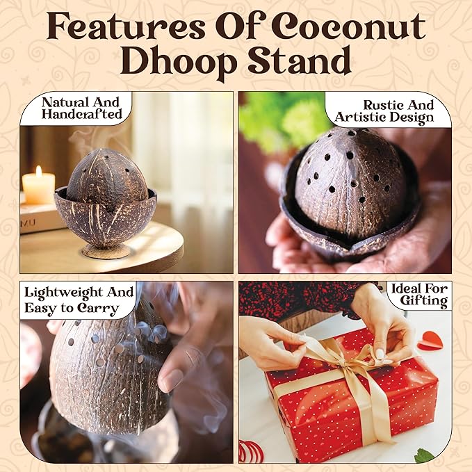 Handmade Coconut Shell DHOOP Stand – Eco-Friendly Natural Incense Holder Charcoal/Cone Burner, Sage Stand, Palo Santo Holder, Ash Catcher for Aromatherapy, Meditation, Yoga, Spiritual - Bloomnest
