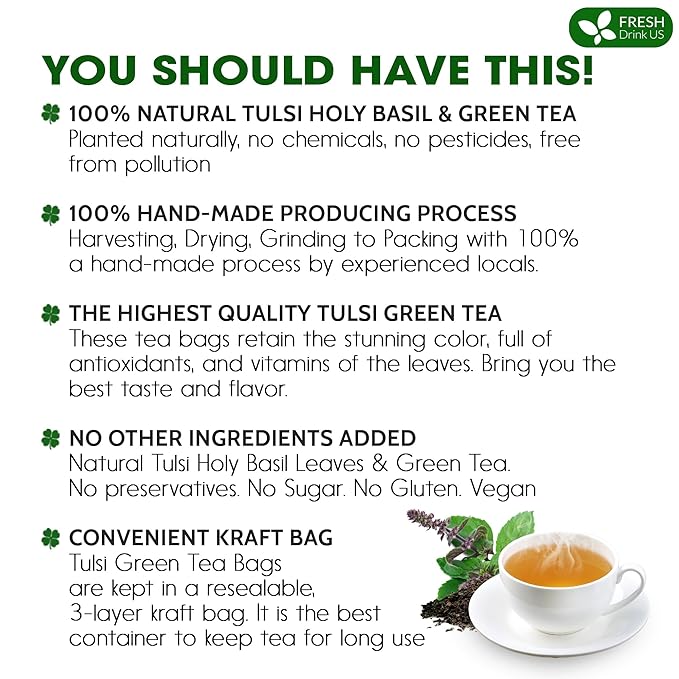 FreshDrinkUS, Premium 30 Tulsi Green Tea Bags, 100% Natural, Blend of Tulsi Holy Basil Leaves, and Green Tea Leaves. Made with Natural Material Tea Bags. No Sugar, Vegan. - Bloomnest