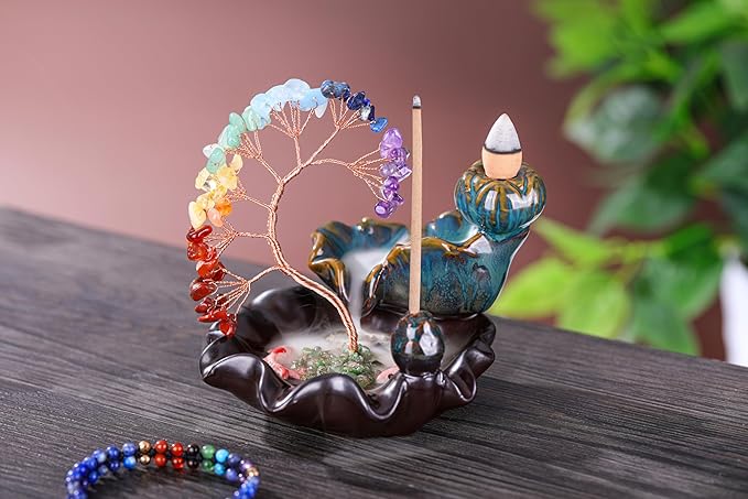 Jovivi Backflow Incense Burner Ceramic Incense Waterfall,7 Chakra Stones Healing Crystal Money Tree Incense Holder for Wealth, Good Luck, Yoga Meditation, Home Decor - Bloomnest