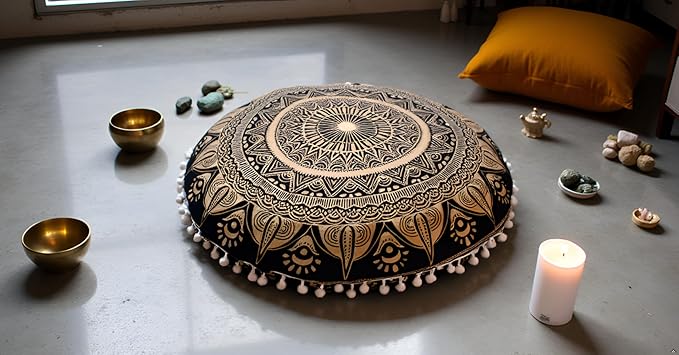 CRAFT KALA Boho Large Floor Pillow Pouf Cover Mandala Meditation Room Pillow Cover for Adults Round Bohemian Seating Pouf Cushion Cover for Kids Playroom 22" Black Golden - Bloomnest