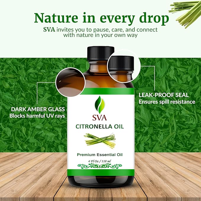 SVA Citronella Essential Oil – 4 Fl Oz – 100% Natural Citronella Oil - for Diffuser, Hair Care, Face, Skin Care, Aromatherapy, Scalp and Body Massage, Soap and Candle Making - with Dropper - Bloomnest