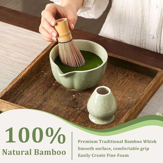 Matcha Whisk Set, 7-Pack Mottled Green Matcha Set - Include Petal Matcha Bowl with Spout, Bamboo Whisk, Chasen Holder, Sifter, Scoop, Tea Towel, Scoop Rest - Perfect Matcha Making Kit for Tea Lover - Bloomnest