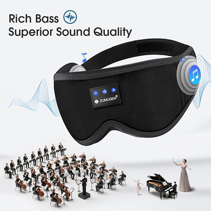 ZUMUSEN Bluetooth Sleep Headphones, 3D Wireless Music Eye Mask with Ultra-Thin Stereo Speakers, Adjustable Sleep Mask for Side Sleepers, Perfect for Travel, Meditation, Relaxation - Bloomnest