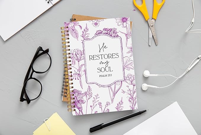 Christian Notebook for Women, Christian Art Gifts Journal, Prayer Journal for Women, Bible Journaling Notebook, PSALM 23:3 He Restores My Soul Floral Spiral Notebook 5.5x8.3 - Bloomnest