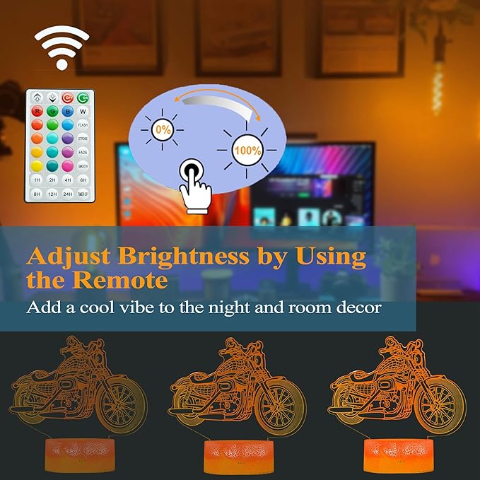 Motorcycle Gifts, Motorcycle Night Light, Motorbike 3D Illusion Lamp, 16 Colors Changing, Timer, 4 Flash Modes and Dimmable，LED, Kids Room Decoration, Xmas Birthday Gifts - Bloomnest