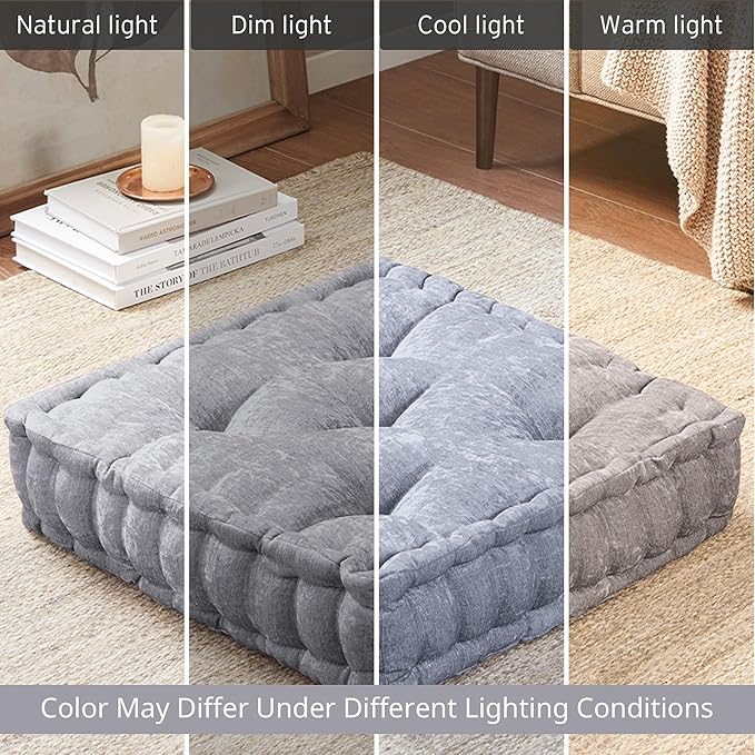 Intelligent Design Azza Floor Pillow, Large Cushions Sitting for Adults, Floor Pillow for Meditation or Yoga, Lustrous Chenille Tufted with Scalloped Edges for Bench/Chair Cushion, 20"x20"x5" Grey