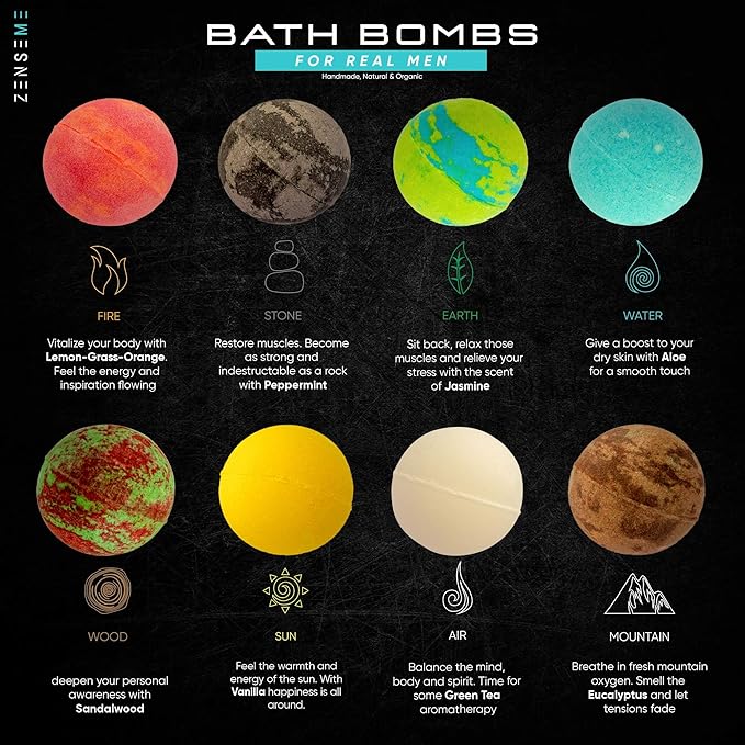 Bath Bombs for Men, Gift Set of 8 Scented Organic Handmade Bath Bombs of 2.5 oz with Natural Essential Oils for Boyfriend, Husband, Father or Friend, by ZenseMe - Bloomnest