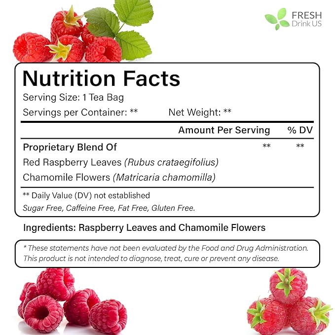 FreshDrinkUS, 75 Bags Premium Raspberry Leaf Teawith Chamomile Flavor, Eases Menstrual Cramps & Supports Healthy Pregnancy, Naturally, Caffeine-Free, Sugar Free, Vegan - Bloomnest