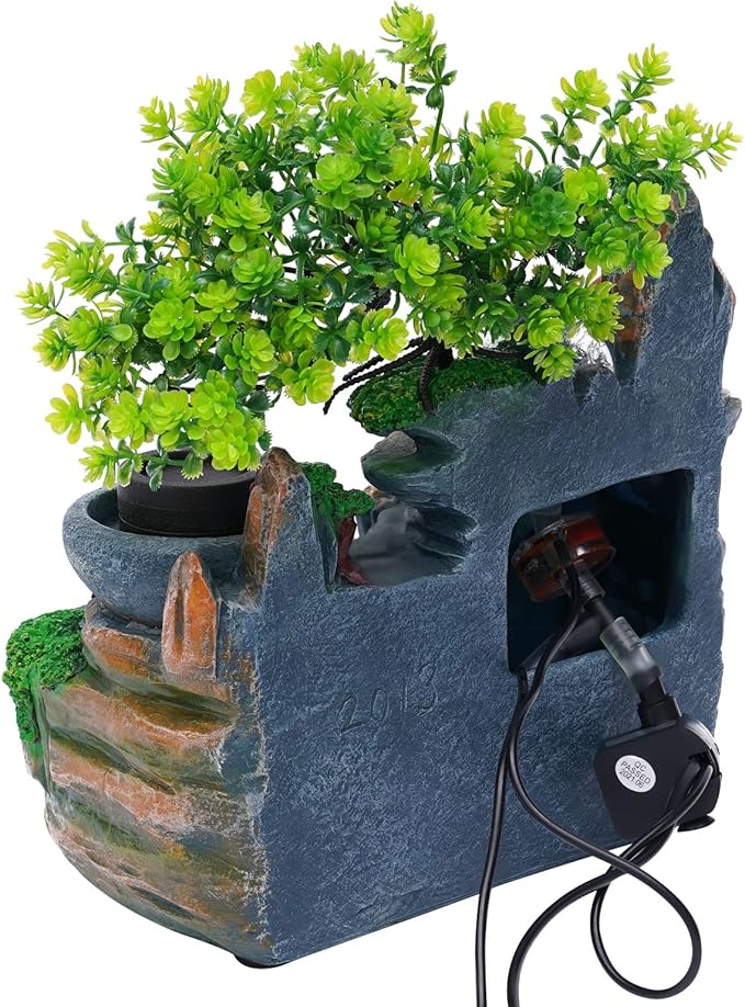 Fountains Waterfall Décoration,Indoor Relaxation Desktop Fountain Waterfall,Atomizing Humidifier,Desktop Fountain Waterfall with Rockery,Plant,Tabletop Fountain LED Waterfall for Home Office Desk