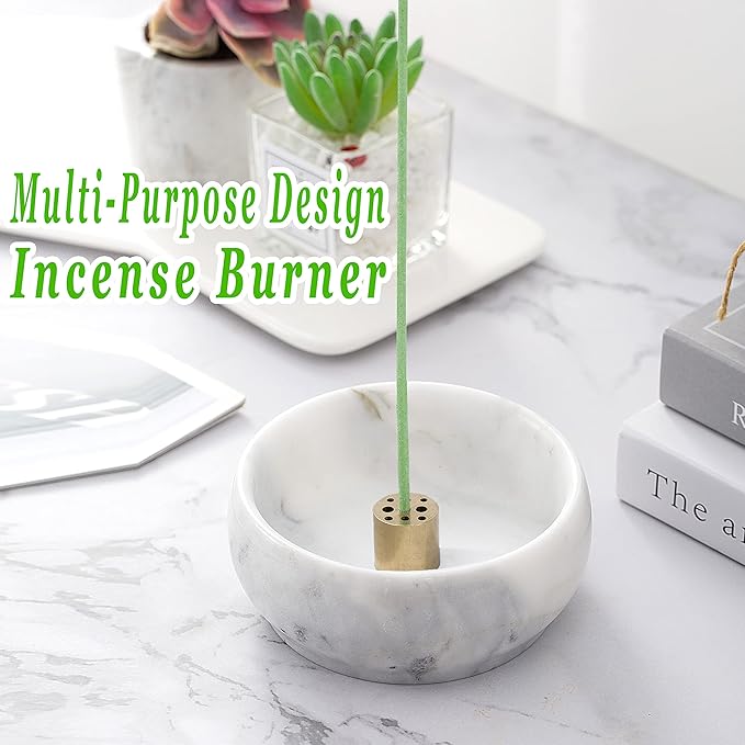 Marble Incense Holder, 9 Hole Burner for Meditation, Natural White & Grey Ash Grabber - Birthday Gift for Mom - Bloomnest