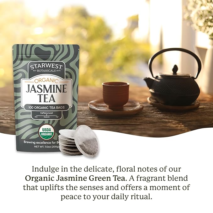 Starwest Botanicals Organic Jasmine Tea - Caffeinated Herbal Blend, Green Tea Scented with Natural Jasmine Flowers, Fragrant & Uplifting, Enjoy Hot or Iced, USDA Organic - Bulk Pack, 100 Tea Bags - Bloomnest