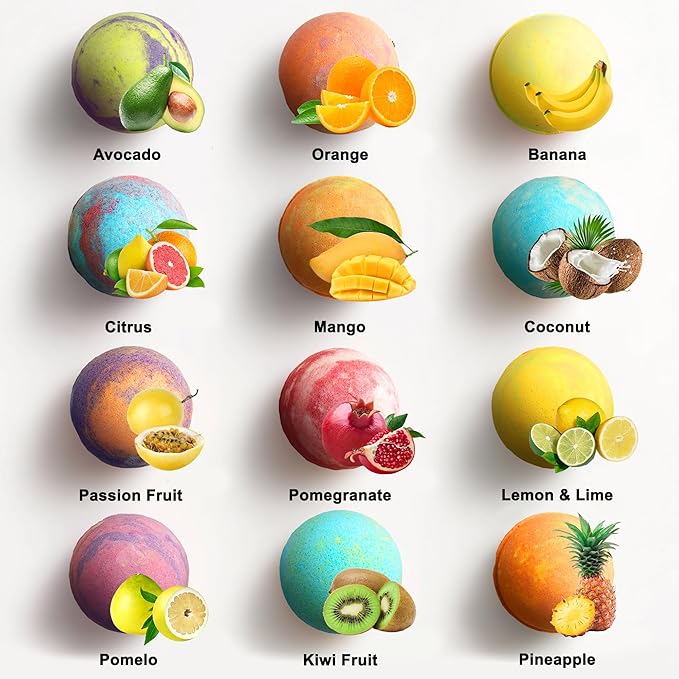 Tropical Fruit Bath Fizzies Set - 12 Large Bubble Bathbombs with Natural Essential Oils in Fruity Scents - Vegan Fizzy Bath Bombs Has Moisturizing Shea Butter and Coconut Oil