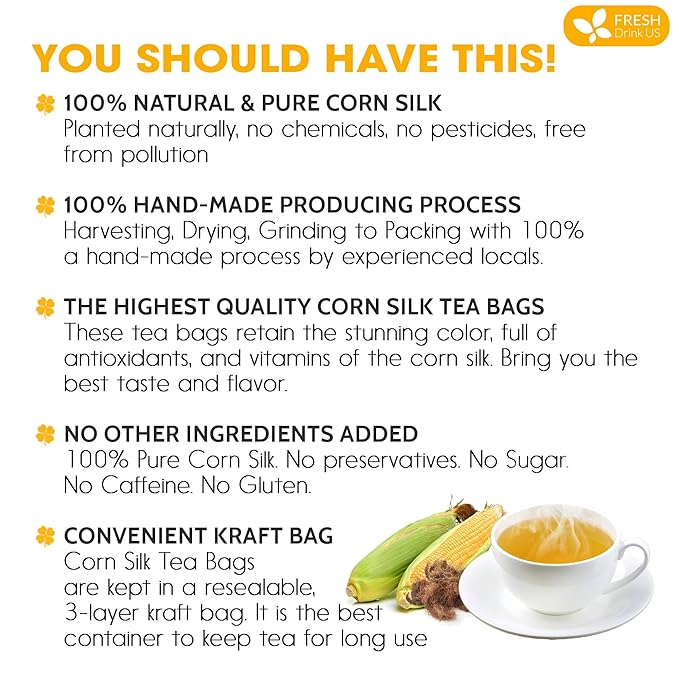 FreshDrinkUS, Premium 40 Tea Bags Corn Silk Tea, 100% Natural & Pure from Corn Silk. Corn Silk Herbal Tea. Clean Ingredients. Made with Natural Material Tea Bags. No Sugar, No Caffeine, Vegan. (40 Tea bags Corn Silk) - Bloomnest