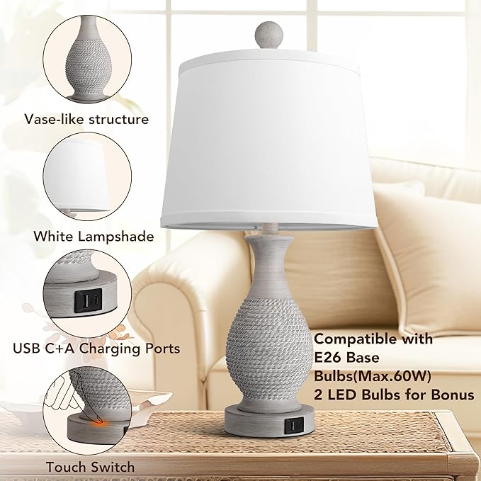 PARTPHONER Traditional Table Lamps Set of 2, Bedside Touch Lamp with USB C+A Charging Ports, Rustic Farmhouse Table Lamps for Living Room Bedroom, Side Table Lamp with White Fabric Shade, Antique Grey - Bloomnest
