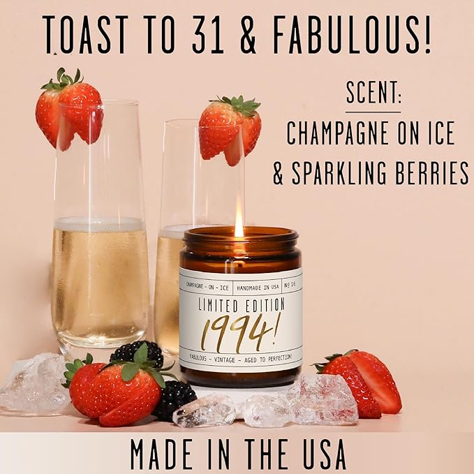 31st Birthday Gifts for Women - 'Limited Edition 1994' Soy Candle, w/Champagne on Ice I 31 Birthday Gifts for Women I 31rd Gift for Her Ideas I 9oz Reusable Jar, 50Hr Burn, Made in USA - Bloomnest
