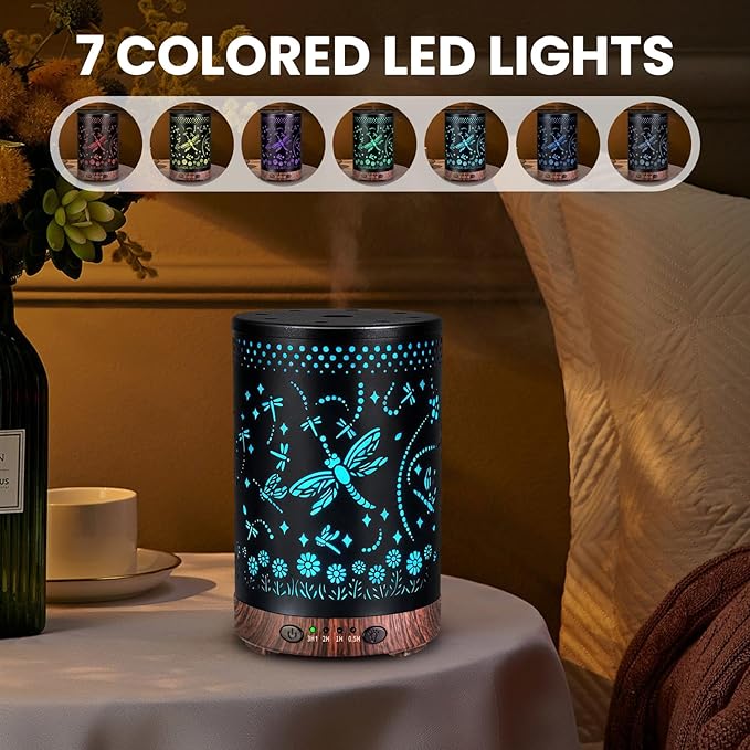 Essential Oil Diffuser 120ML Metal Aromatherapy Diffuser with Timer, Cool Mist Humidifier with Auto Shut-Off & 7 Color Lights for Home Office Spa (Dragonfly) - Bloomnest
