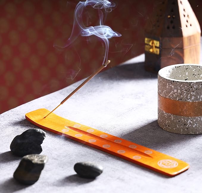 Bless-International Traditional-Handmade-Burner Wooden-Incense-Stick-Holder Ash-Catcher-Stand for-Aromatherapy-Meditation-Yoga (Orange, The Energy) 10 Inches, Pack of 1 - Bloomnest