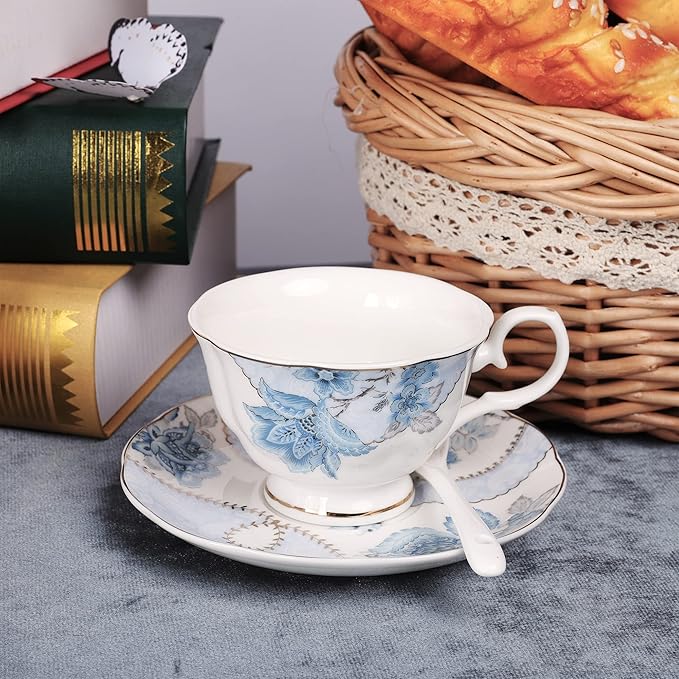 fanquare Blue Flowers Porcelain Tea Set, Tea Cup and Saucer Set Service for 6, Wedding Tea Set with Sugar Bowl Cream Pitcher, Floral Coffee Set for Tea Party - Bloomnest
