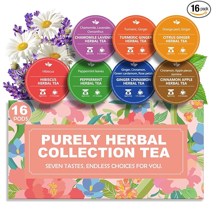 Decaf & Soothing Herbal Tea Gift Set - Relaxing Chamomile Lavender, Cinnamon Apple & Hibiscus Tea, Assorted Variety Tea Gift Set for Women, 7 Flavors, 16Pods