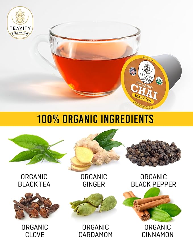 Organic Chai Black Tea Pods for Keurig Naturally Caffeinated by Teavity (24 Tea Pods) - Bloomnest