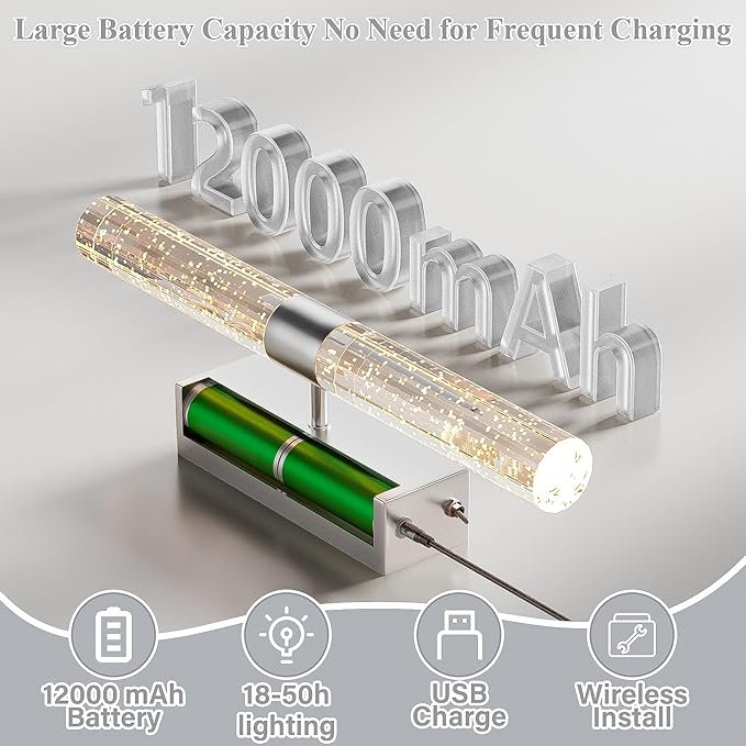 camuucci Battery Operated Sliver Wall Sconces Set of 2 Rechargeable Battery Powered Wall Light with 12000mAh Not Hardwired Dimmable Wall Lamp Fixtures for Bedroom Living Room 20.9 Inches - Bloomnest