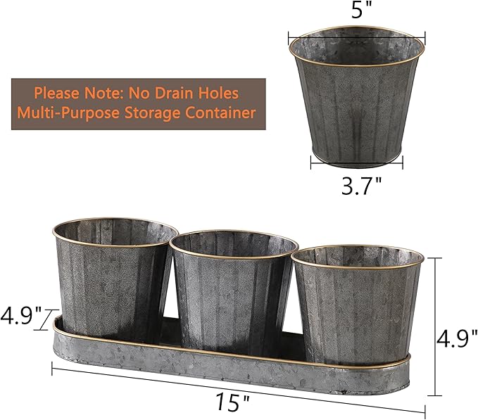 SOFE Metal Herb Pots for Indoor Plants, Window Herb Garden for Kitchen, Galvanized Bucket Planter Set of 3 with Tray, Rustic Flower Pots for Mint, Rosemary, Basil Plant - Bloomnest