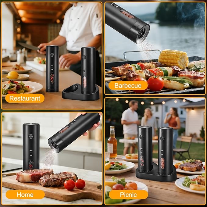 Rechargeable Salt Grinder Set Top-Refill Electric Grinders with Variable Grinding Speed, External Adjustable Coarseness, Black - Bloomnest