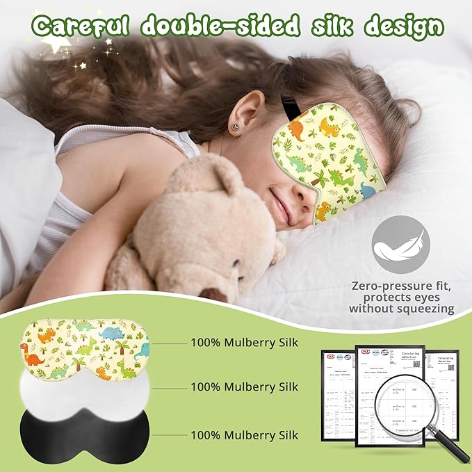 Kids Sleep Mask Eye Cover: 100% Real Natural Pure Silk Eye Mask with Adjustable Strap, Funny Blindfold Kids Eye Mask for Sleeping, Soft & Lightweight Eye Shade for Boys Girls Teens (Dinosaur Style) - Bloomnest
