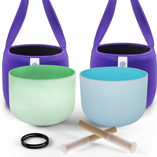 FMTY 10inch Crystal Singing Bowls set prefect pitch(±10HZ) Green(Heart)+ Blue(Throat) with Carrying Bag Sound Bowls Chakra Bowl
