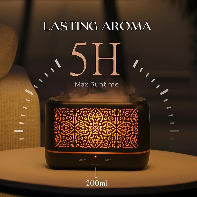 Earnest Living Essential Oil Diffuser Classic Flame Diffuser 200ml Timers Night Lights and Auto Off Function Home Office Humidifier Aromatherapy Diffusers for Essential Oils Black