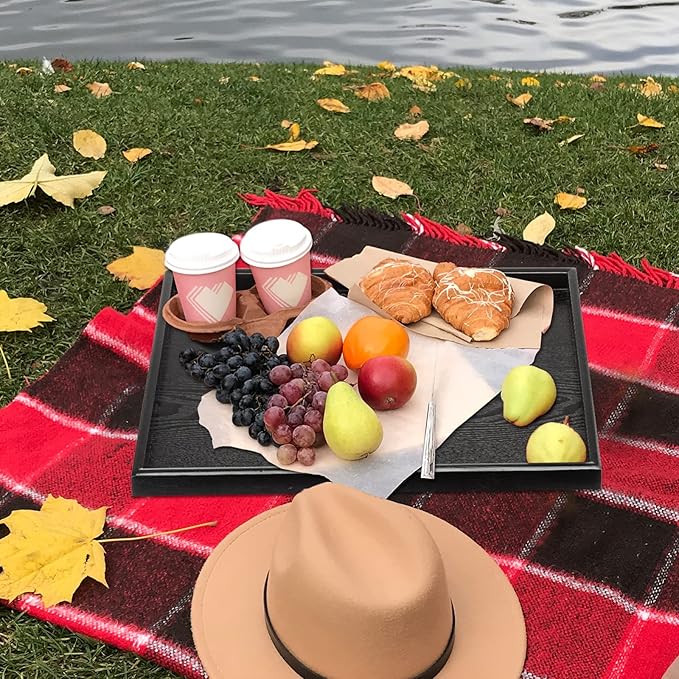 24 x 16 Inches Extra Large Solid Wood Serving Tray for Tea Coffee Table Snack Food Meals Serving Plate Kitchen Party Bar Breakfast Server with Raised Edges Black Wooden Decorative Ottoman Tray - Bloomnest