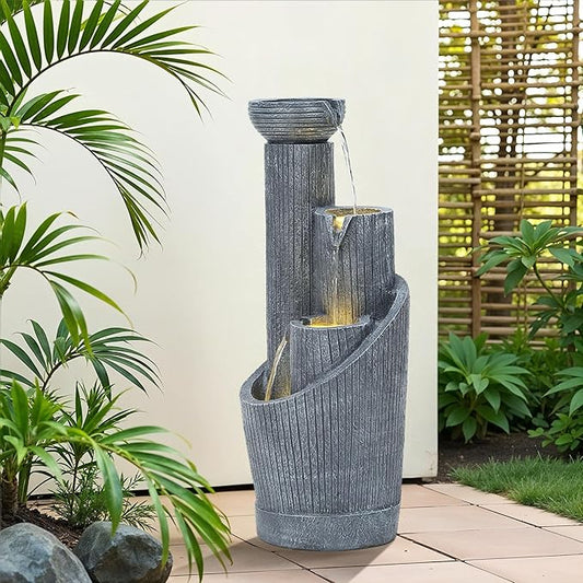 31" Modern Outdoor Water Fountain with LED Lights, 5-Tier Twist Pedestal Bowl Garden Fountain, Cascading Waterfall for Relaxing Garden, Patio, Backyard, Deck, Porch or Home Decor - Bloomnest