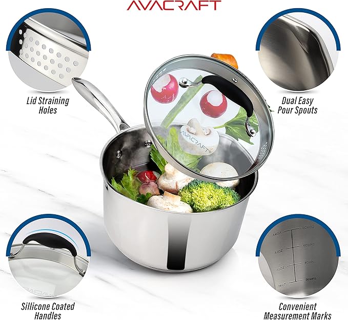 AVACRAFT Stainless Steel Saucepan with Glass Strainer Lid, Two Side Spouts for Easy Pour with Ergonomic Handle, Multipurpose Sauce Pot (5-Ply Capsule Bottom, 2.5 Quart) - Bloomnest