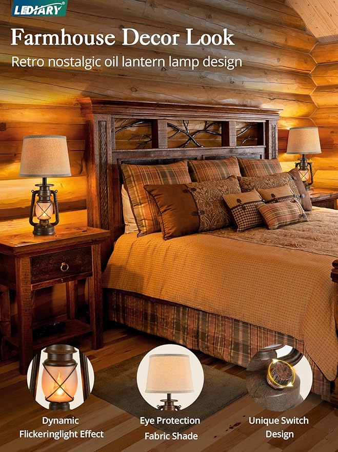 LEDIARY 18.72" LED Vintage Lantern Flickering Flame Table Lamps for Bedrooms Set of 2, Small Farmhouse Rustic Vintage End Table Lamps, Halloween Decorative Lantern Bedside Lamps for Living Room - Bloomnest