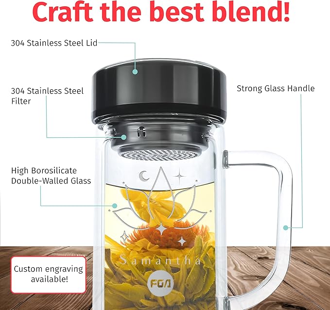 Custom 13oz/380ml Glass Infuser Tea Tumbler w/Handle, Durable Double-Walled Borosilicate Glass for Loose Leaf Tea & Coffee,304 Stainless Steel Lid & Strainer,Heat Resistant & Leak-Proof - Bloomnest